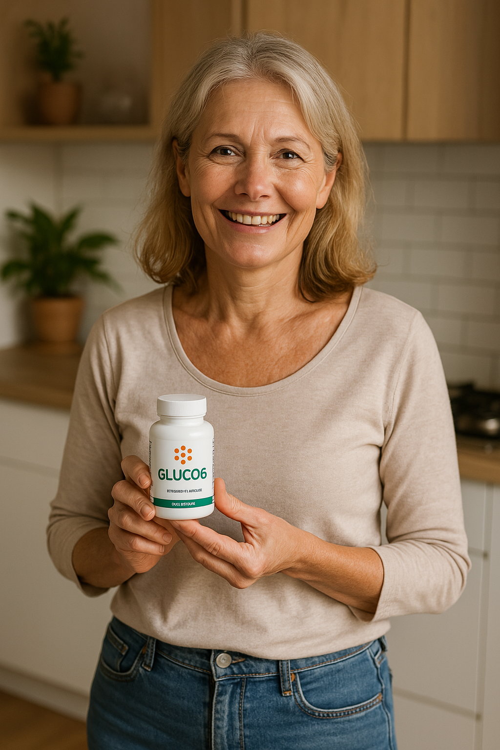Healthy woman with Gluco6 bottle